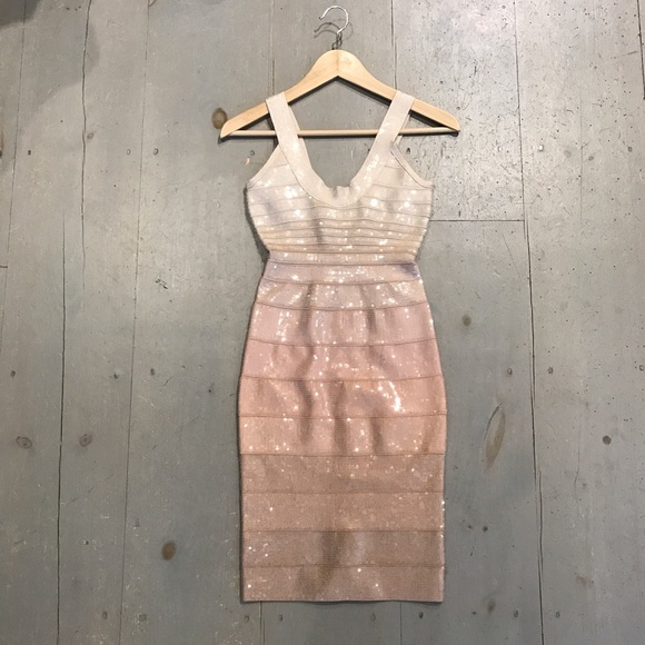 herve leger gold sequin dress V NECK FOIL FRINGED MIDI DRESS – HERVÉ LÉGER main image 0